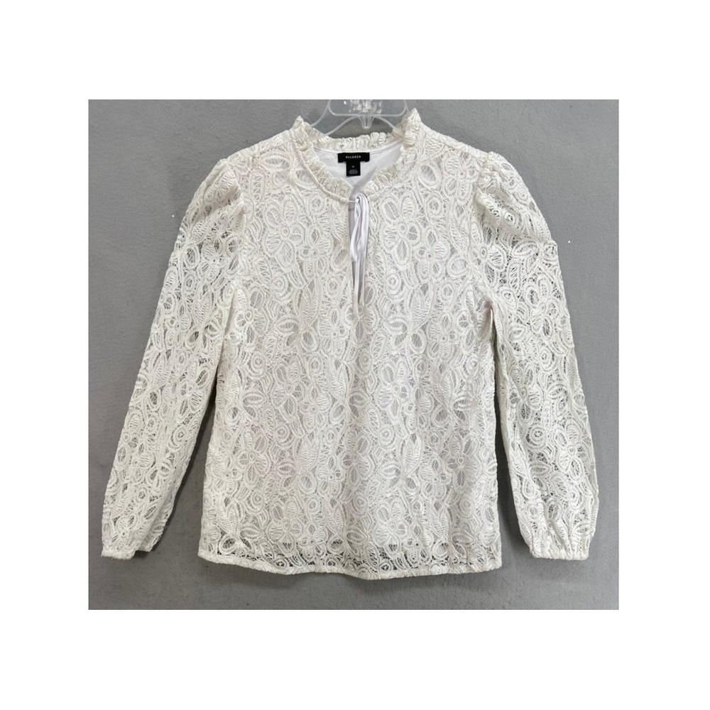 New Halogen Shirt Sz M Ivory Floral Lace Ruffle Neck Tie‎ Blouse Long Sleeve